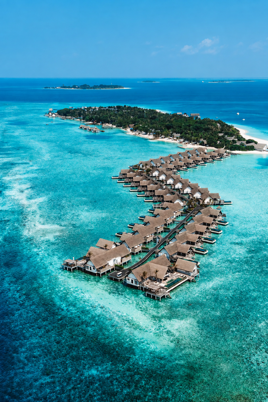 An overwater island resort in turquoise waters